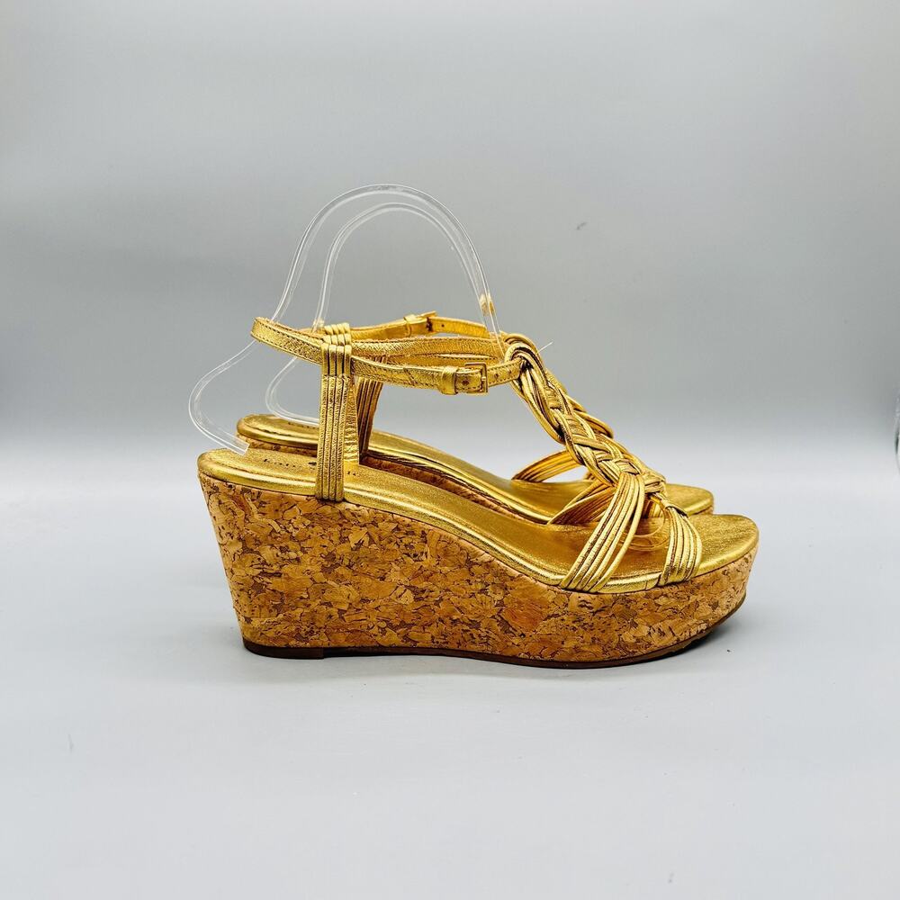 Kate Spade Sandals Womens 9 Gold Leather Strappy Cork Wedge Platform Heel Shoes